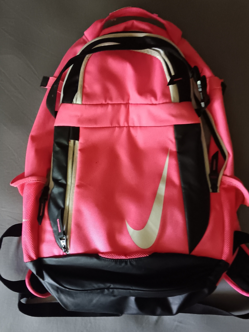 Nike Hot Pink and Black Backpack with Silver Swoosh